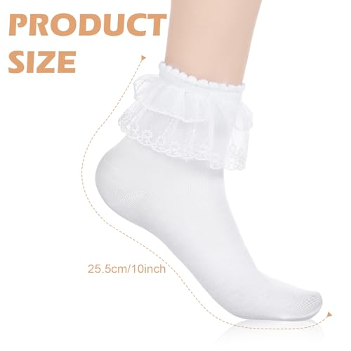 3 Pairs Ladies Lace Ankle Socks White Ruffle Socks Woman Cute Design Lace Ankle Sock Princess Soft Cotton Double Layer Laces Trim Lolita Sock for Women2