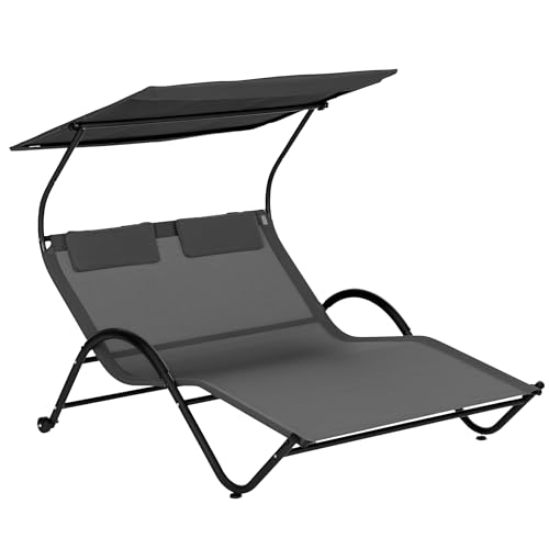 Outsunny Bain de Soleil 2 Places transat avec Toit réglable Appui-têtes et roulettes en Acier et Polyester dim. 200L x 137l x 138H cm Gris foncé
