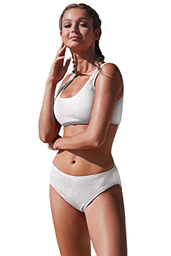 Plain Western Womens Round Neck Swimwear Bikini Set White