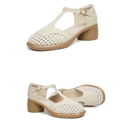 Women's Leather Block Heel T-Strap Mary Jane Sandals Breathable Mesh Soft Sole Adjustable Hook and Loop Fashion Casual Mary Jane Pumps Suitable for Work Party Walking2