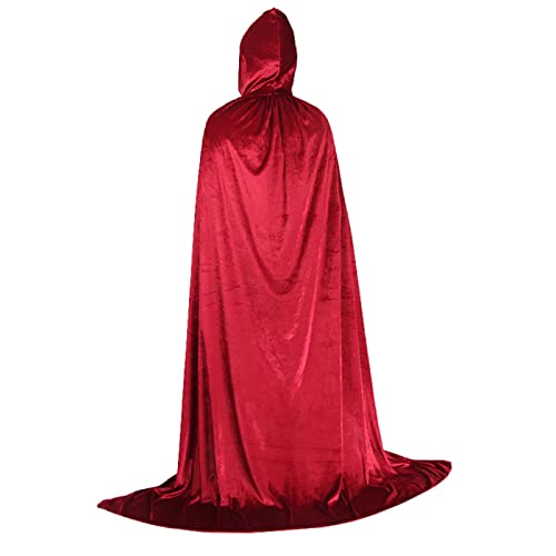 Long Cape à Capuche Velours Costume de Vampire Halloween Cape Médiévale Costume pour Fête de Carnaval et Halloween Cape Costume Adulte Unisexe Femme et Homme Rouge Foncé Cover
