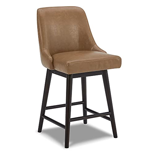 Chita Bar Stools,26” Counter Height Barstool Swivel Upholstered Chair With Back,360°Free Swivel Barstool,Faux Leather In Saddle Brown #TOP18