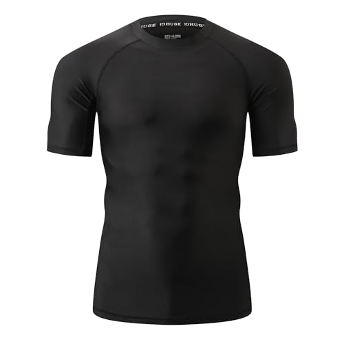 Men's UPF 50+ Sun Protection Compression Short Sleeves Rash Guard for Men Swim Shirts Workout Logo Black M - Thumbnail 3