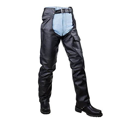 Motorcycle Leather Chaps For Men Biker Riding Cowboy Chaps Black Multi-Pocket Bottomless Pants With Zipout Liner (As1, Alpha, L, Regular, Regular, Black) #TOP7