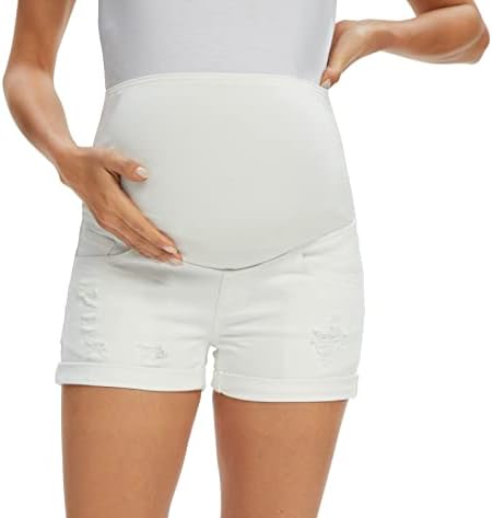 Foucome Maternity Denim Shorts Over Bump Ripped Distressed Roll Hem Blue Jean Shorts Comfy Summer Pregnancy Shorts (White, XL)