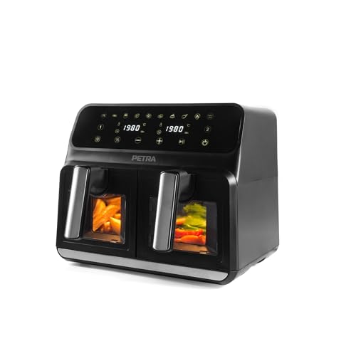 Petra PT5196GWVDE Freidora de aire dual de 7,6 l - 2 cajones con ventanas, 2 bandejas XL antiadherentes para cocinar por separado, sincronización y coincidencia, 10 funciones de cocción, 1700 W
