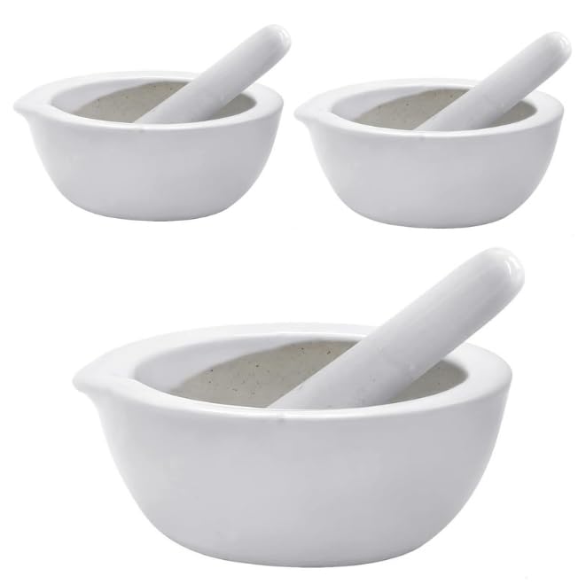 Mini Pestle and Mortar - Small and Compact 7cm Mortar and Pestle Kitchen Tools for Grinding Spices and Herbs with Ease - Made from Traditional Porcelain (Pack of 3)