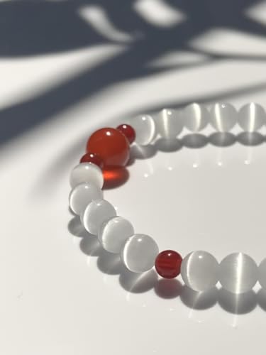 Selenite Charged Healing Crystal Bracelet for Women White Opal & Red Agate for Anxiety Relief, Positive Energy & Protection, Chakra Balancing Stretch Bracelet Gift (17cm)4