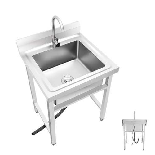 awolsrgiop Évier Inox 60x60x93 cm, Etagere Inox Cuisine Professionnel, 1 Bac, Autoportant, avec Robinet 360°, Pieds Réglables et Dosseret 13 cm, pour Restaurant,...