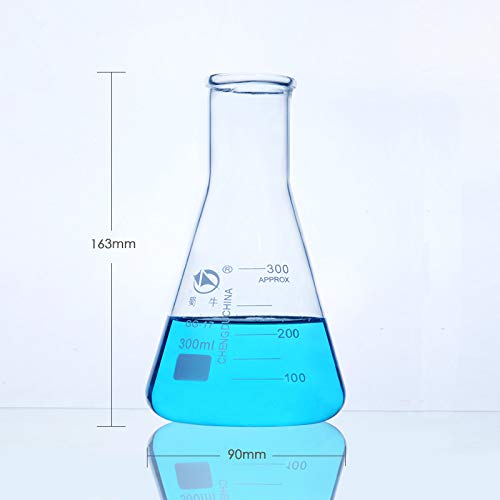 Generic Lab Erlenmeyer Flask Wide Mouth Conical Flask 300ml Borosilicate 3.3 Glass Lab Glassware with Printed Graduation (300ml)