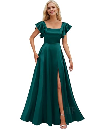 Image of IIF Short Sleeve Bridesmaid Dresses with Pockets Square Neck A-Line Satin Prom Gown Dress for Women with Slit IIF134