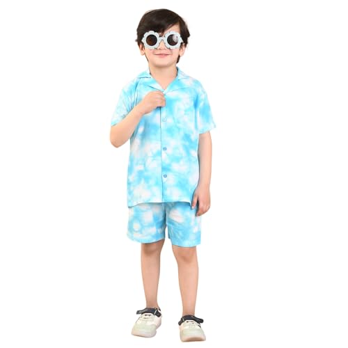 Image of superminis Baby Boys Rayon Tie-Dye Printed Co-ord Set With Notched Collar Shirt and Shorts