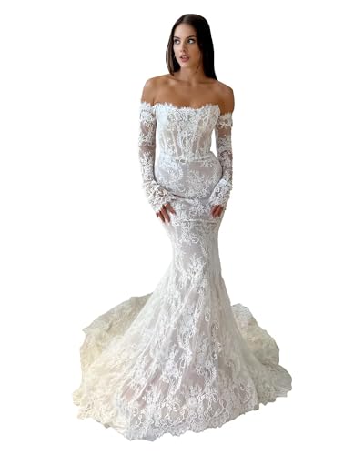 Wirunsy Women's Lace Mermaid Wedding Dresses for Brides 2025 Off The Shoulder Bridal Gown with Long Sleeve White 8