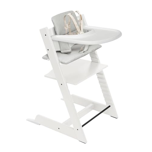 Image of Stokke Tripp Trapp High Chair 2 (White), Cushion 2 (Nordic Grey) + Stokke Tray (White) - Includes Chair + Baby Set with Removable Harness for Children 6-36 Months