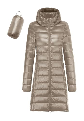 SIYAN Chaqueta De Plumón Ligera For Mujer, Abrigo Largo Y Ligero, Chaqueta De Plumón Ultraligera, Abrigo De Plumón For Mujer, Chaqueta De Entretiempo, Chaqueta Larga Y Ligera(Khaki,XXL)