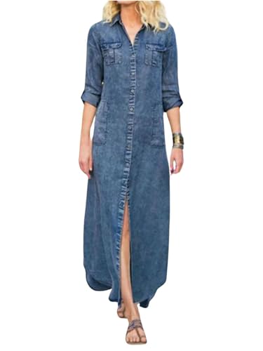 utcoco Damen Denim-Hemdkleid, Vintage, Revers, langärmelig, lässig, Knopfleiste, Maxi-Jeanskleider, Hell, blau, X-Groß