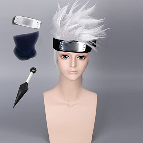 QHQ Menâ€™s Short Silver White Anime Cosplay Wigs Halloween Costume with Free (Hair Cap+Head band+Face mask)