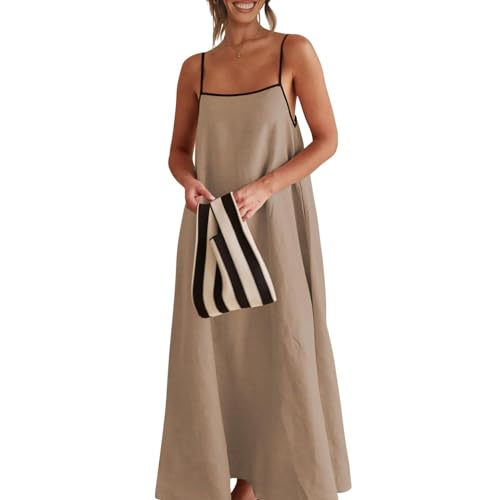 Image of Senllen Women's Linen Dress Summer Loose Flowy Sundress Contrast Spaghetti Strap Sleeveless Backless Beach Maxi Long Dresses