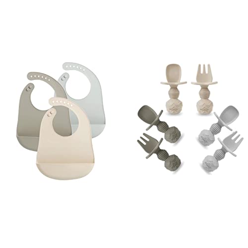Image of PandaEar 3 Pack Waterproof Silicone Baby Bibs & 6 Pack Silicone Baby Spoons and Fork Feeding Set