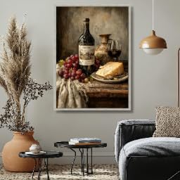 Toile nature morte rustique de vin et fromage pour déco de cuisine vintage 30x40cm