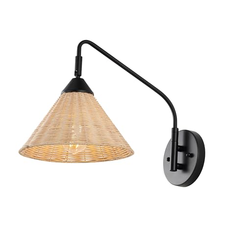 Image of JONATHAN Y 11 inch Black and Natural 1-Light Rattan and Metal Swing Arm Wall Sconce, Vintage Coastal Wall Lamp with Pivoting Head for Bedroom Reading, LED Bulb Included JYL1602A