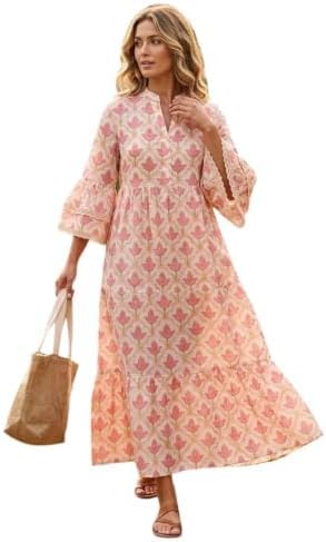 Floral Block Hand Printed Cotton A-Line Maxi Dress, Floral Print, V-Neck, Lace Trim Accents-image-25