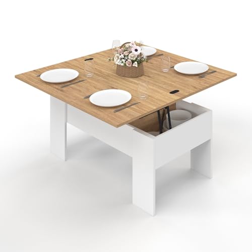 IDMarket - Table Basse rectangulaire Plateau relevable Convertible en Table à Manger Tara Bois Blanc et Imitation hêtre