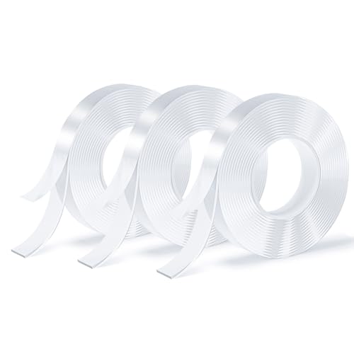 SUTOUG 3 Rolls Double Sided Tape, Nano Tape, Transparent Adhesive Tape, Traceless Adhesive Tape, Removable, Washable, Reusable, Suitable for Carpets, Photo Walls, 9.85 Feet Per Roll