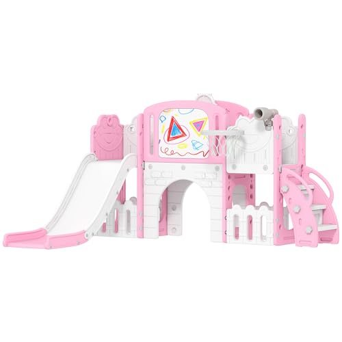 AIYAPLAY Tobogán Infantil 7 en 1, Tobogán para Niños de 1-3 Años, Temática de Rana, con Aro de Baloncesto, Túnel, Pizarra, Telescopio de Juguete, Escalador y Cajas, para Interior y Exterior, Rosa