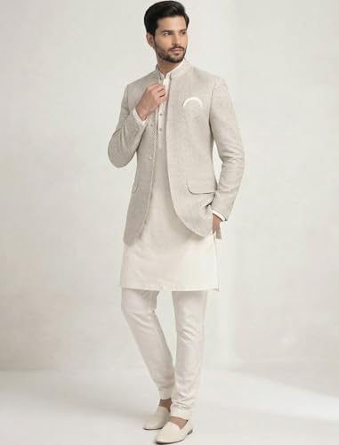 Image of Amzira Men's Jacquard Koti Kurta Set | Mandarin Collar | Full Sleeves Ethnic Wear | Festive & Wedding Traditional Outfit for Men