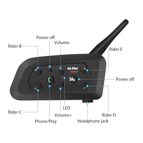 Image of V6 Plus Bluetooth Motorcycle Helmet Intercom Headset - 1500M Wireless Range, Connect 6 Riders, Waterproof, Noise Cancellation & On-Ear Motorbike