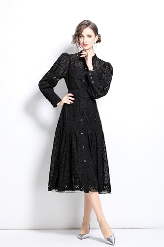 Image of LAI MENG FIVE CATS Women's Round Neck Lantern Sleeves Embroidery Button Layered Lace Hem Midi Dress with Belt
