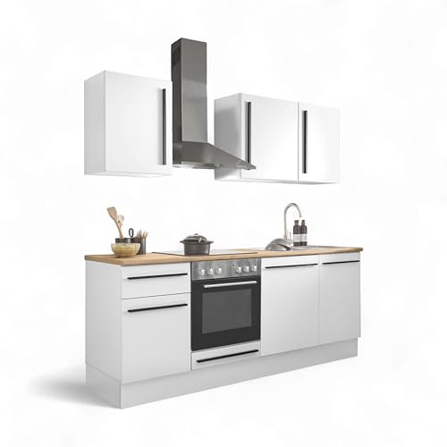 Denver - Moderno angolo cottura senza elettrodomestici in bianco, effetto rovere Mauvella, spaziosa cucina con ampio spazio di archiviazione, 220 x 211 x 60 cm (larghezza x altezza x profondità)