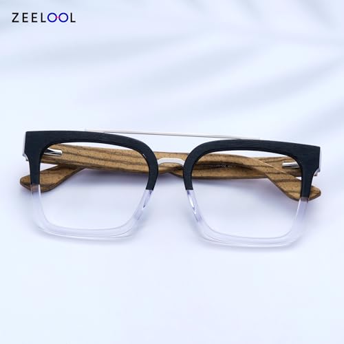 Image of Zeelool Aviator Glasses Frame for Men, Retro Eyeglasses Eyewear Frame with Clear Lens, Wooden Temples and Spring Hinges ZJGX642196-02