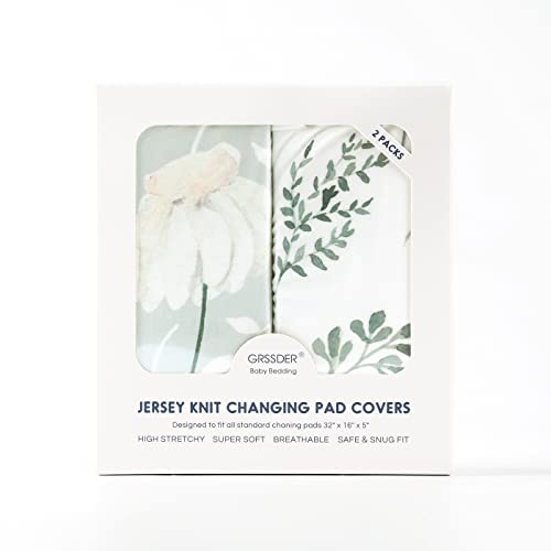 Image of GRSSDER Stretch Ultra Soft Jersey Knit Changing Pad Cover Set 2 Pack, Change Table Pad Covers Fit 32 inch /34 inch x 16 inch Pads Safe and Snug, Pretty Watercolor Daisy Flowers for Baby Girls