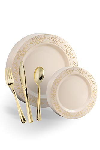 Exquisite 200 Pcs Heavyweight Disposable Plastic Plates and Cutlery Set Includes 40 Gold