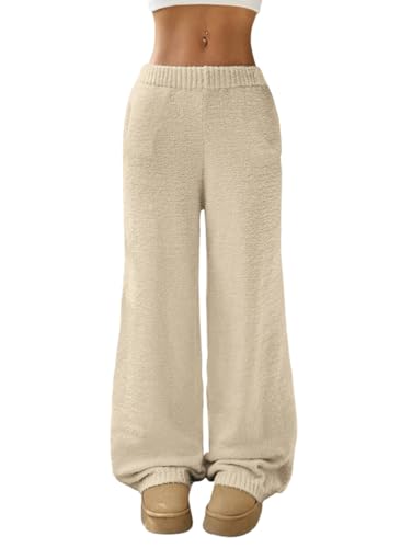 Image of ZAFUL Women's Fuzzy Plush Pajama Pants Wide Leg Pj Bottoms Lounge Pants | Soft Fluffy Sleep Pants Drawstring Elastic Waist Teddy Pjs for Women No Pockets