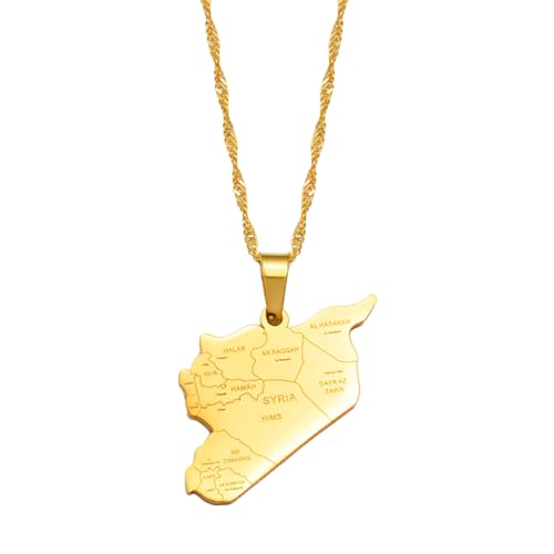 BEALIFE Collier pendentif carte de la Syrie élégant et unique pour les âges et toutes les occasions Collier pendentif en métal de la carte du de la Syrie, or
