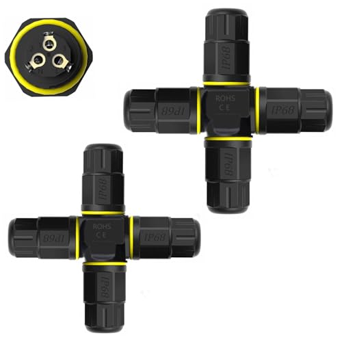 4 Way 3pin Junction Box IP68 Waterproof Power Cable Connector Ø0.18-0.4in Range (AC 300 v, 20A), UL for Outdoor Billboards, Tunnel Lights, Road Landscape Lights, Etc - 2 Per Pack