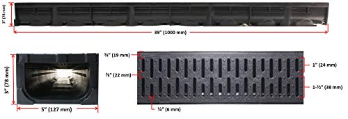 Image of URA WATER - Model UA-100 - Drainage Trench Set - Channel Drain with Grate - Black Plastic - 3 x 39 - (117 inch Total Length)