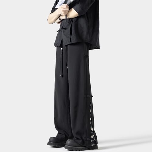 Seidarise Men's Chinese - Style Black Wide Leg Pants Knot Details Patterned Side Slits Ideal for Cultural Casual Looks3