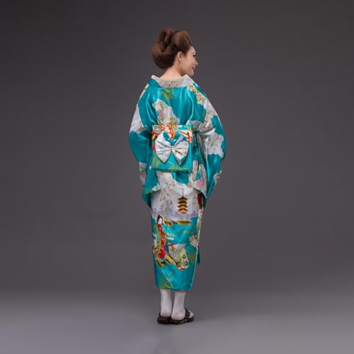 Kimono japonés de seda imitada azul suave y elegante para mujer Cabilock 7