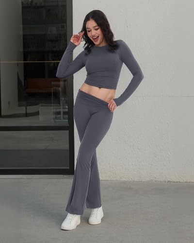 Image of ZOOSIXX Lounge Sets for Women - 2 Piece Outfits Crop Tops with Fold Over Flare Leggings Fall Loungewear Fitted Pajama