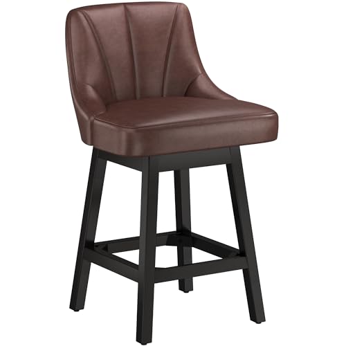 Image of YaFiti 26 inch Leather Swivel Bar Stool 1 pcs with Back & Solid Wood Leg, Brown | Faux Leather, Extra Upholstered Seat, Counter Stool, Square Solid Wood Legs, with Backrest & Footrest, for Kitchen Island Bar