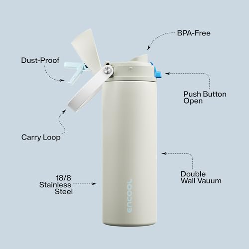 Image of Insulated Water Bottle with Straw - Encool Stainless Steel Water Bottle with Push Button Lid, Leak-Proof & BPA-Free, Keeps Cold for 24 Hours for Sports, Travel, Gym (24 oz, Kangaroo Grey)