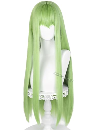 Image of Half and Half Long Straight Green Anime Cosplay Wig Deep Green Women's Wigs with Bangs 31.5'' Green Wig for Halloween Party Costumes