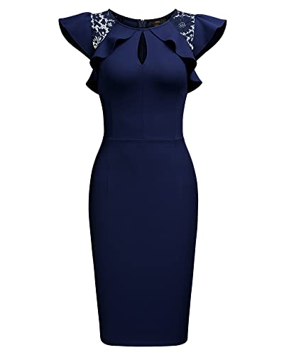 Image of Knitee Women's Vintage Ruffle Trim Lace Sleeveless Bodycon Cocktail Dress
