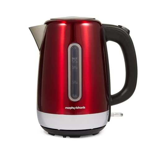 Morphy Richards Equip Kettle 1.7L 3Kw Rapid boil Removeable Limescale Filter Easy View Water Gauge Stainless Steel Case Red 102785