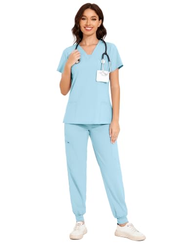 Scrubs for Women - V-Neck & Cargo Pants Scrubs Set, Baby Blue, 4XL, Petite