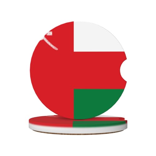 Lot de 2 Dessous de Verre antidérapants en céramique avec Encoche pour Porte-gobelets, Motif Drapeau d'Oman, Accessoires pour Voiture